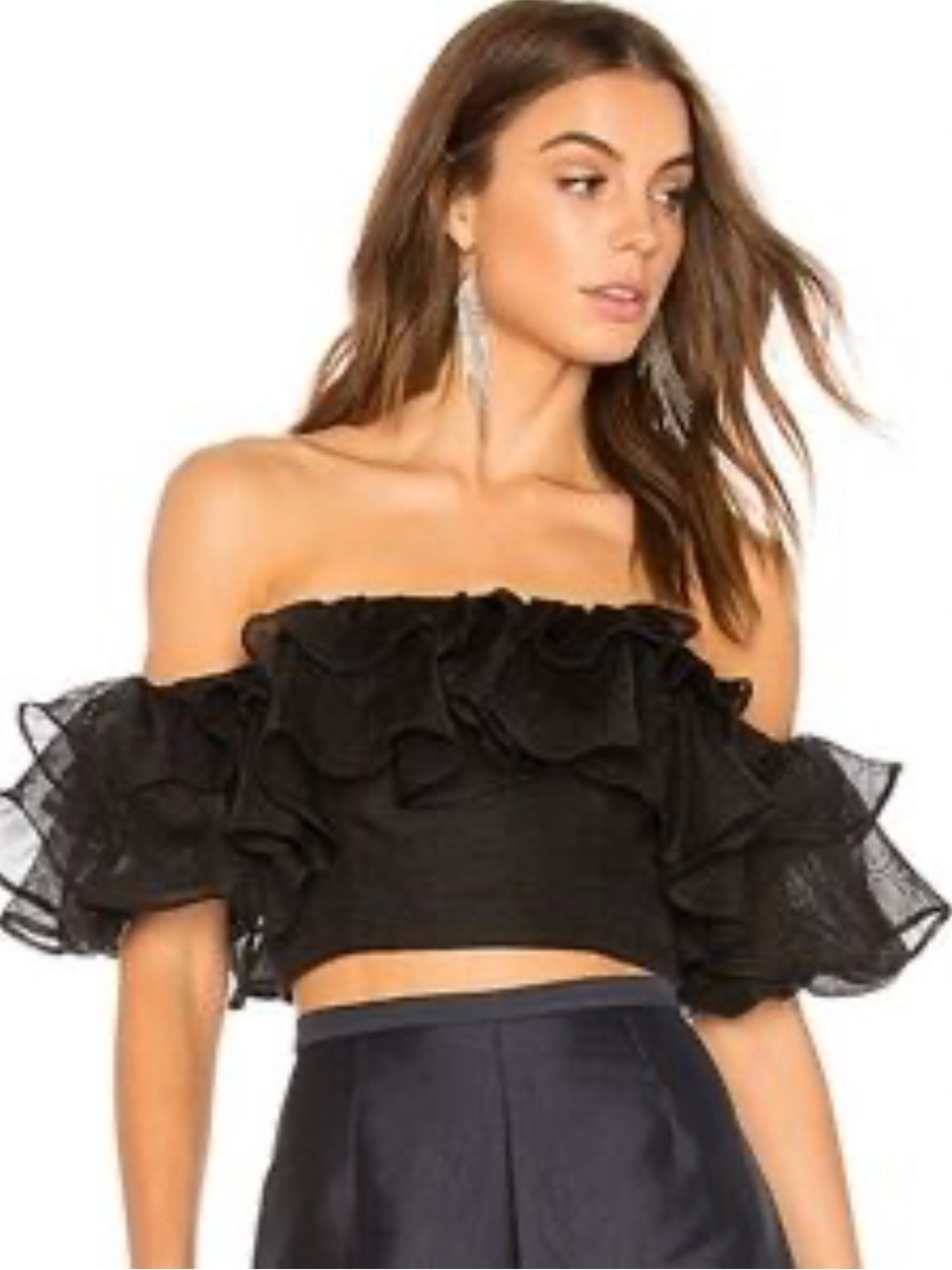 Keepsake Black Off Shoulder Ruffle Crop Top Sheer Mesh Statement Blouse